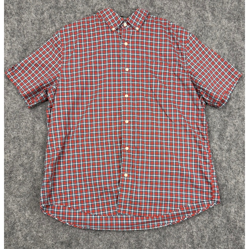 LL Bean Mens Large Traditional Fit Red Blue Plaid Short Sleeve Cotton Shirt